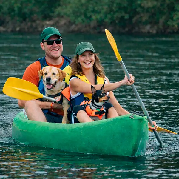 Dos personas con dos Perros con chaleco salvavidas haciendo piragüismo en el río Sella