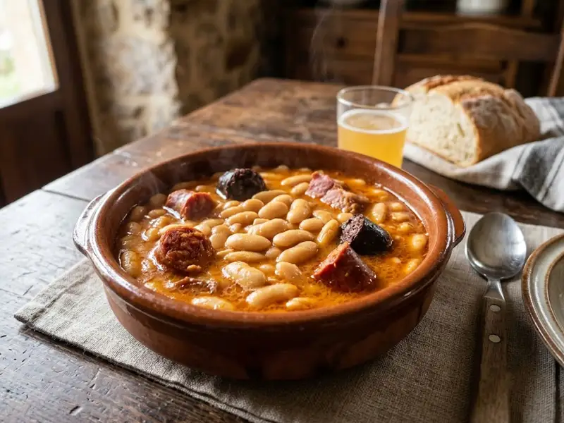 Fabada asturiana con su compango en una mesa rústica con pan y bebida