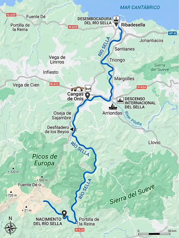 Mapa del recorrido del río Sella desde su nacimiento hasta su desembocadura