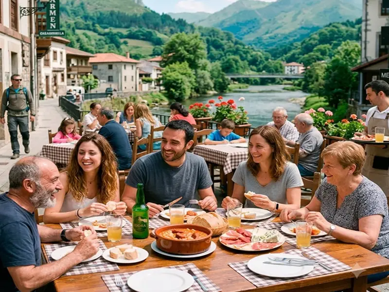 Una familia comiendo en una sidrería de Arriondas